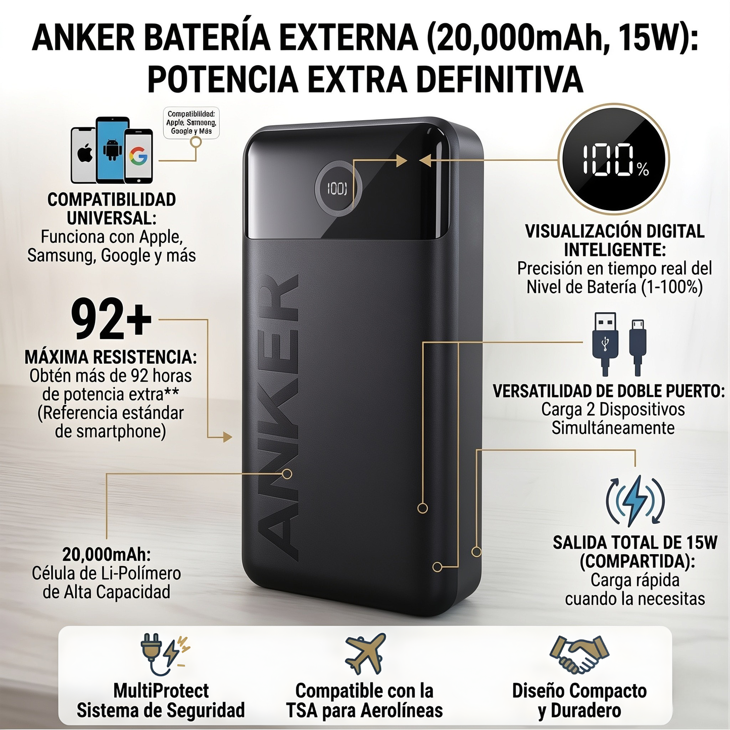 Anker Power Bank (20,000mAh, 15, 2-Port)