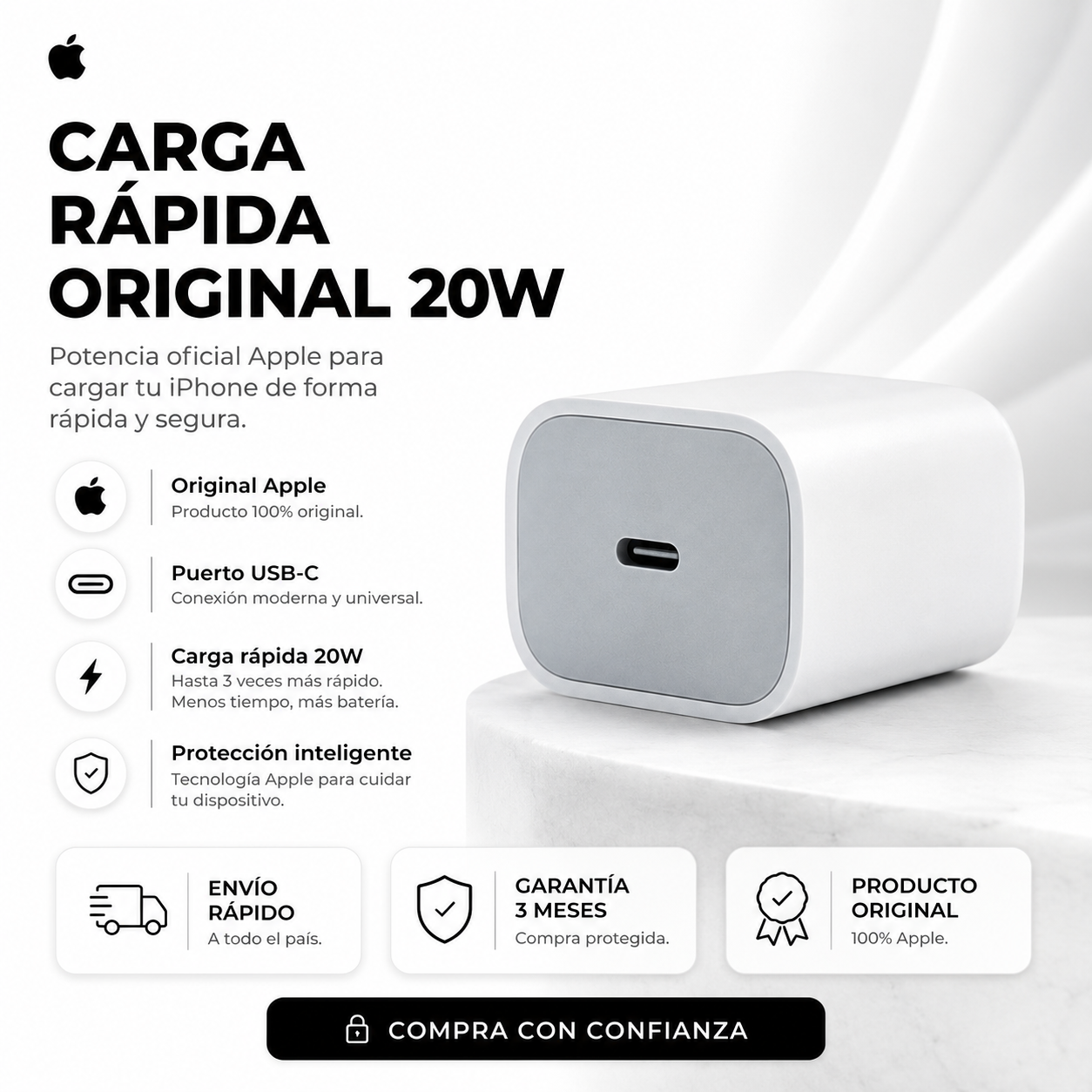 Cargador Original iPhone 20W | Carga rápida, segura y garantizada