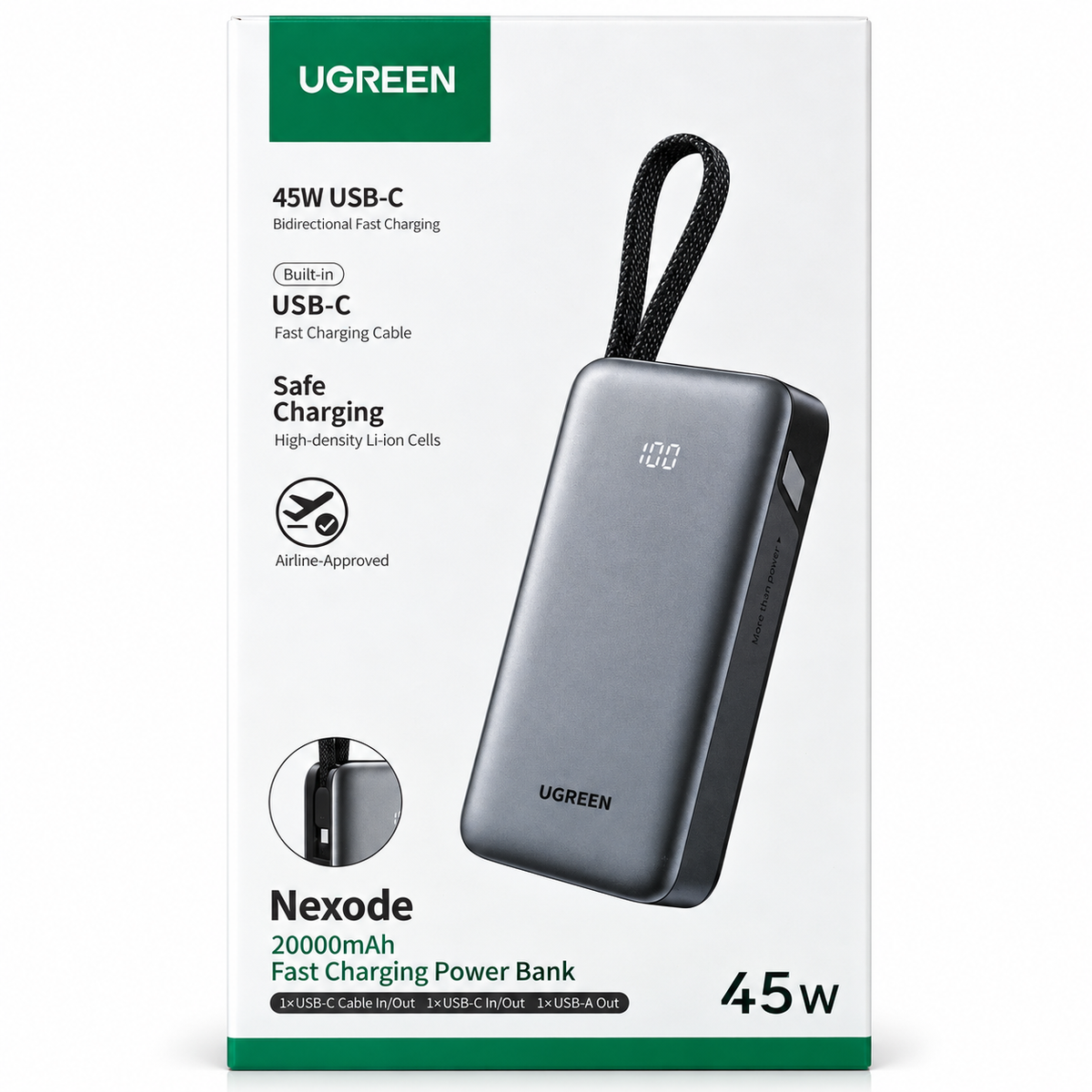 Power Bank Ugreen Nexode  20.000 mAh 45W con Cable USB-C Integrado