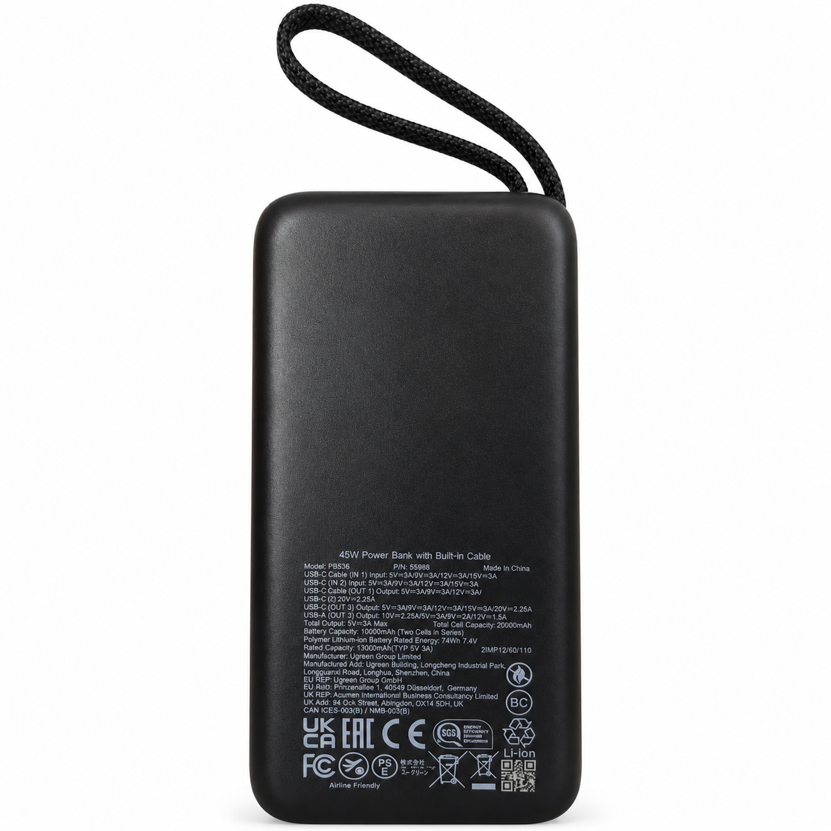 Power Bank Ugreen Nexode  20.000 mAh 45W con Cable USB-C Integrado